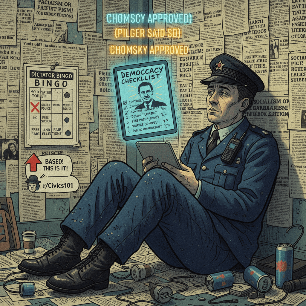 tired leftist copypasta with a 5-question democracy checklist