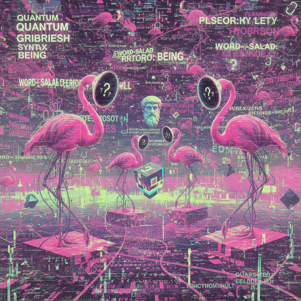 corrupted ai fever dream featuring existential flamingos and syntax errors