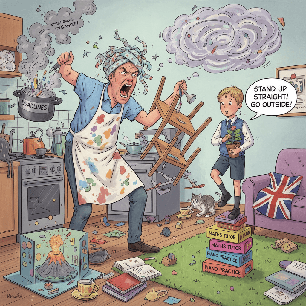 parent screams about stress while creating stress, tells kid to 'get some standing'