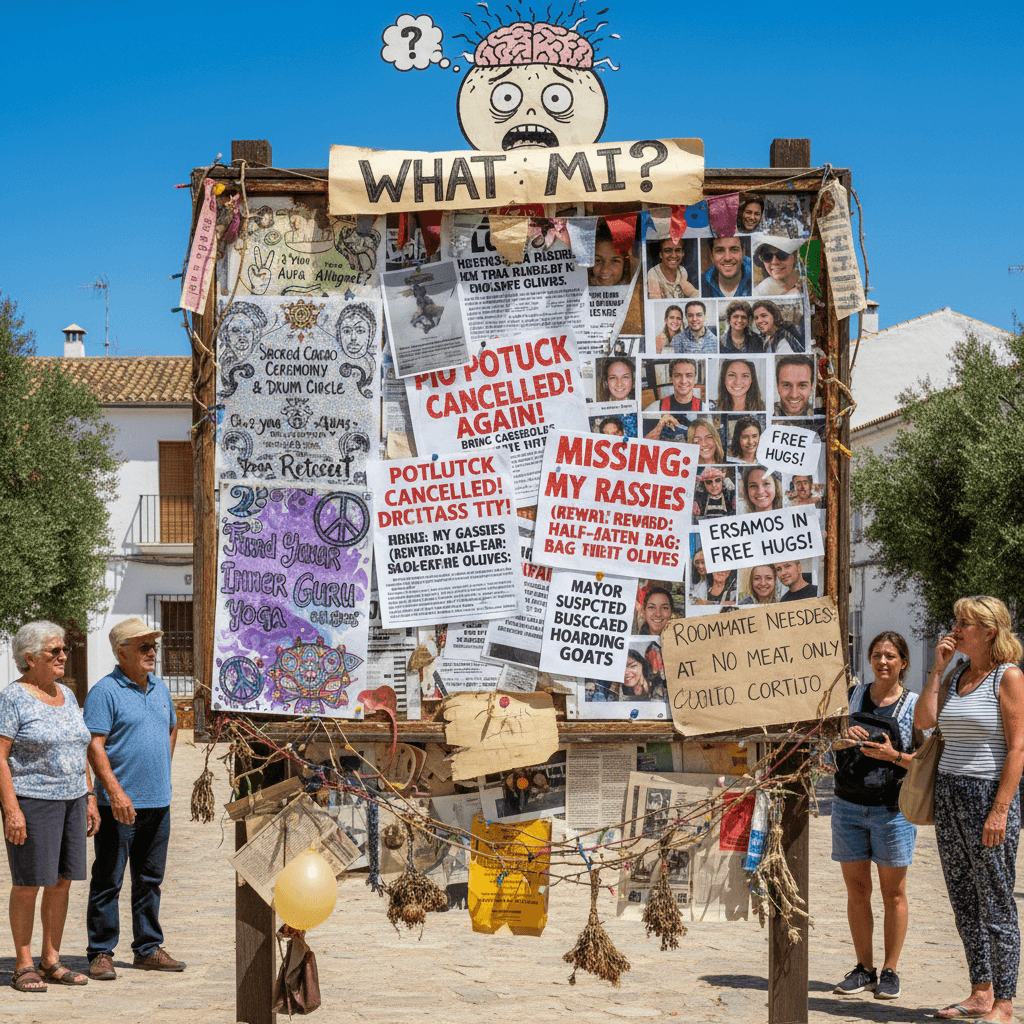 Orgiva's bulletin board is having an entire personality crisis