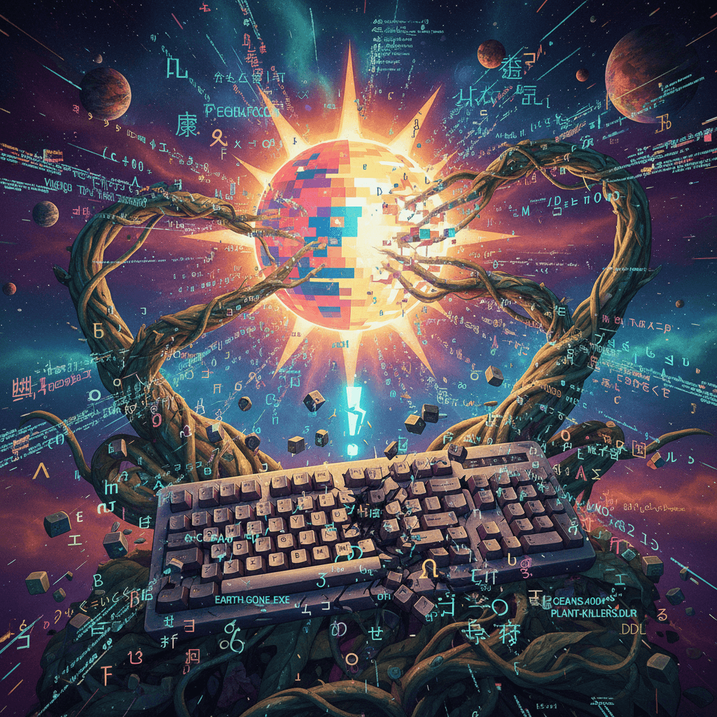 alien plants stealing sun while keyboard has a stroke