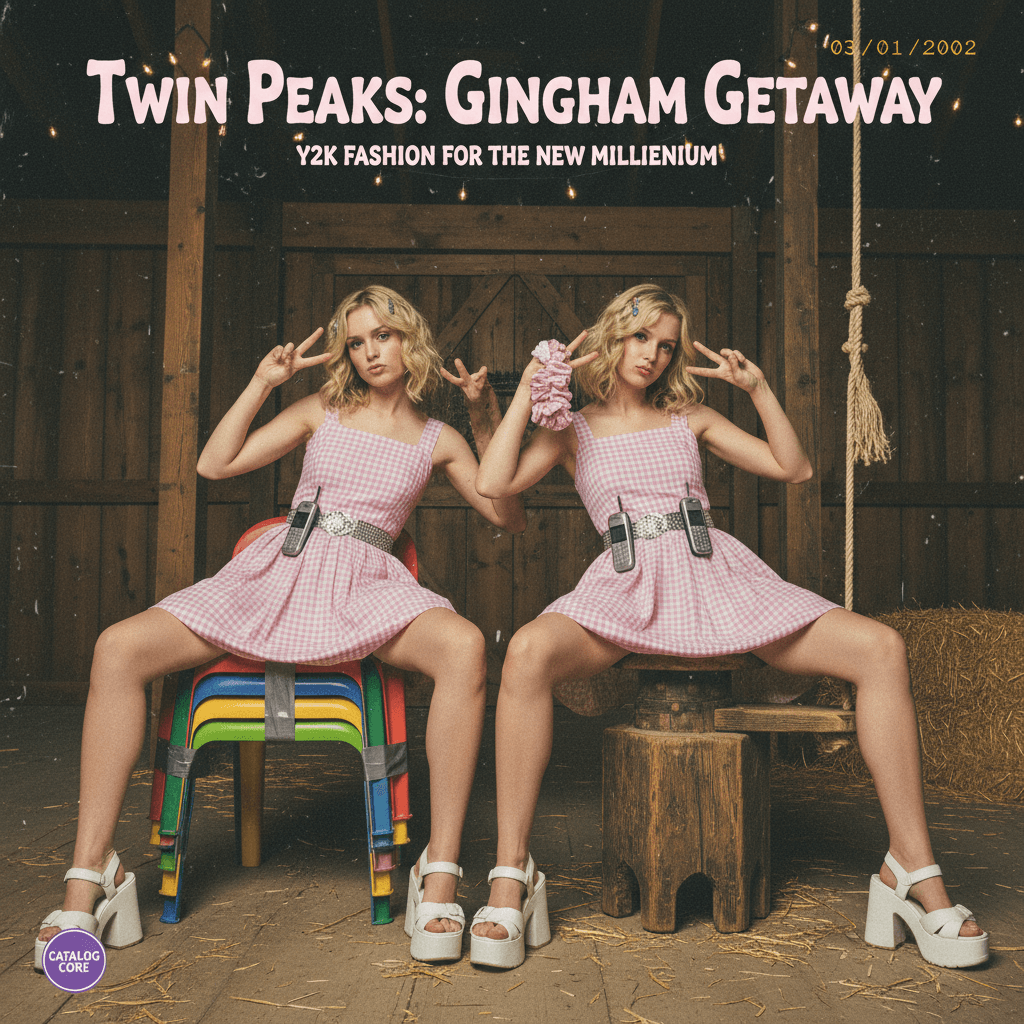 Peak catalog energy: two blondes, questionable chairs, one gingham moment