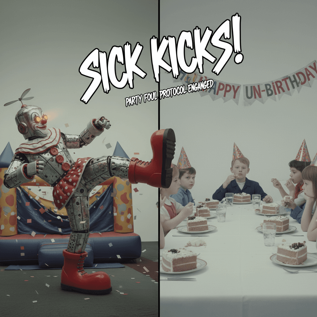 Robot clown destroys children's birthday party with sick kicks
