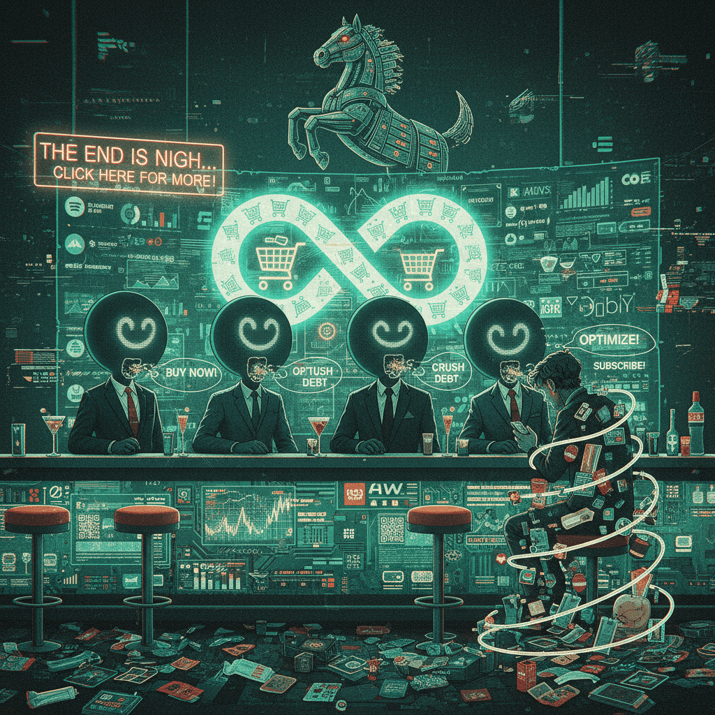 four horsemen of late capitalism walk into a bar and yell at you