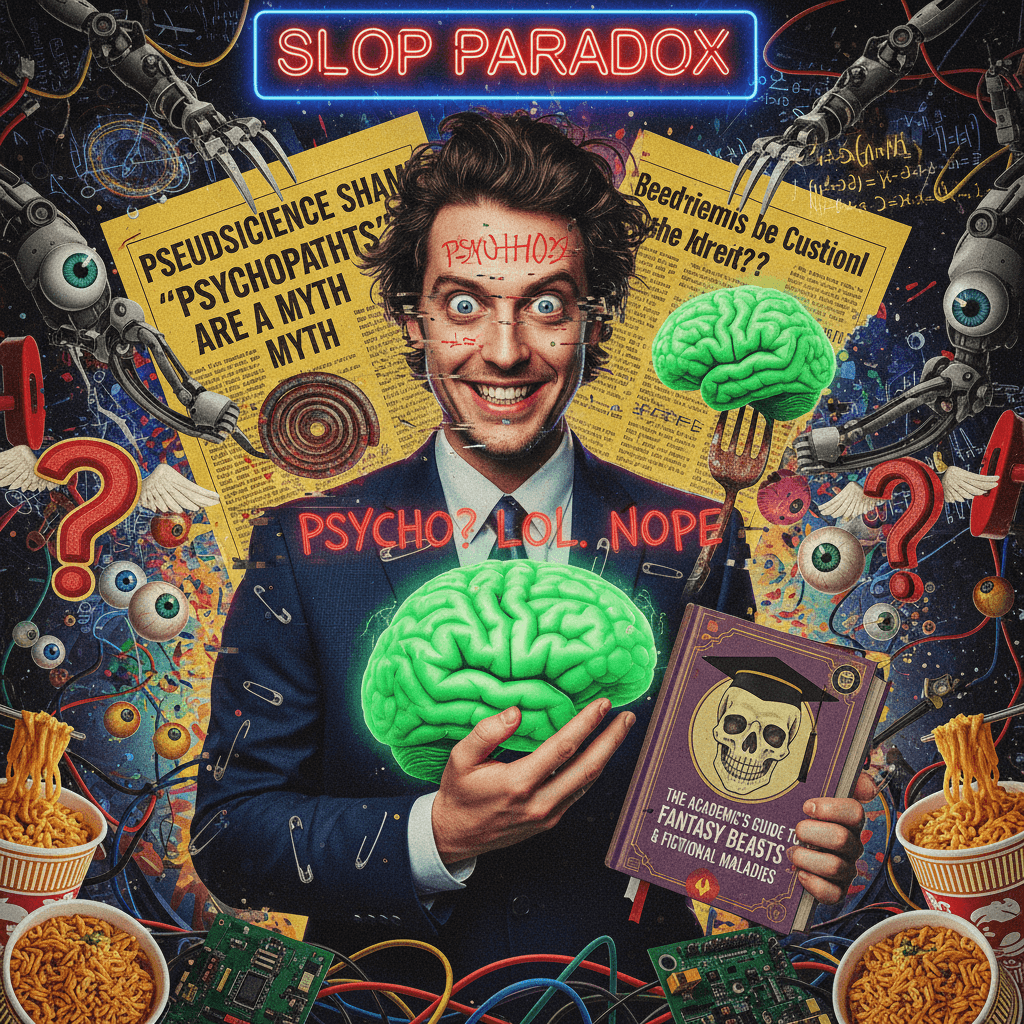 guy looks psycho, article says psychos don't exist, peak slop irony