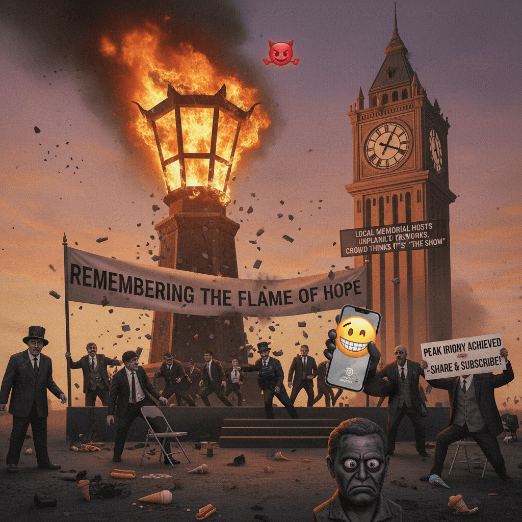 Memorial catches fire during memorial, achieving peak irony