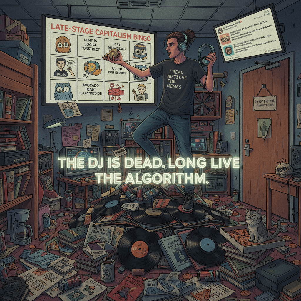 unhinged dj discourse meets freshman philosophy student energy