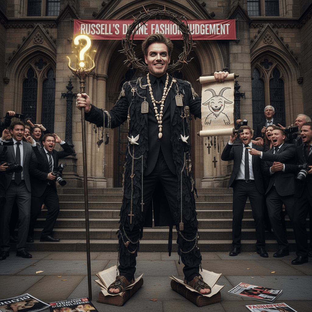 Russell Brand's court fit hits different when paired with biblical accessories