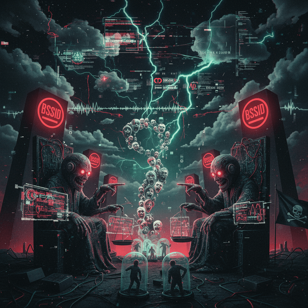 AI judges morality while the sky malfunctions; corporate bSSID screams into the void