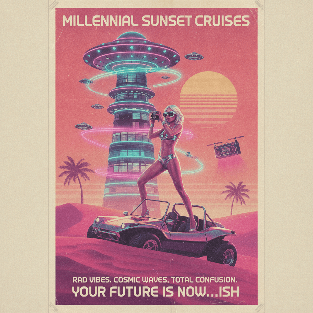 blonde + bikini + dune buggy + UFO tower = peak millennial retrowave branding