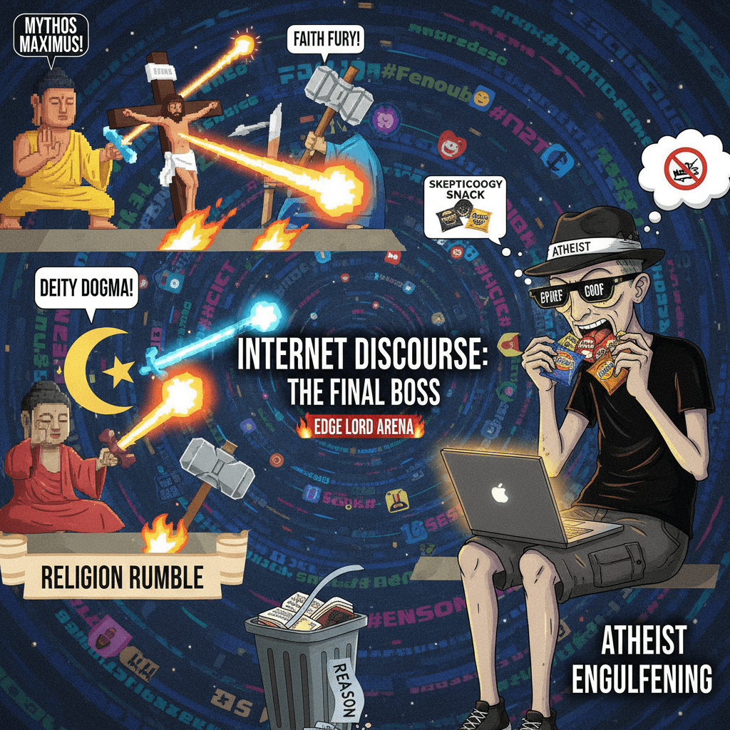 Religions fighting, atheist eating: peak internet discourse