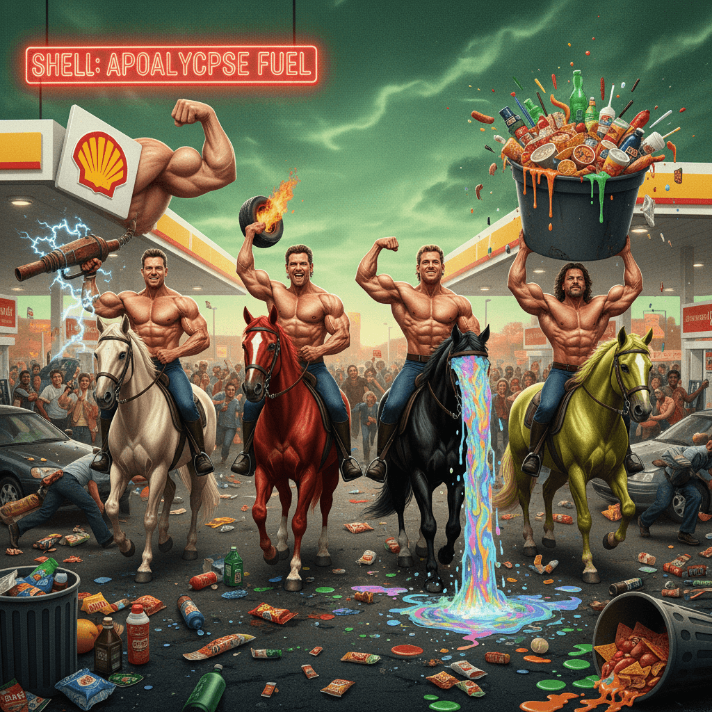 Four horsemen of the gas station apocalypse flexing at Shell