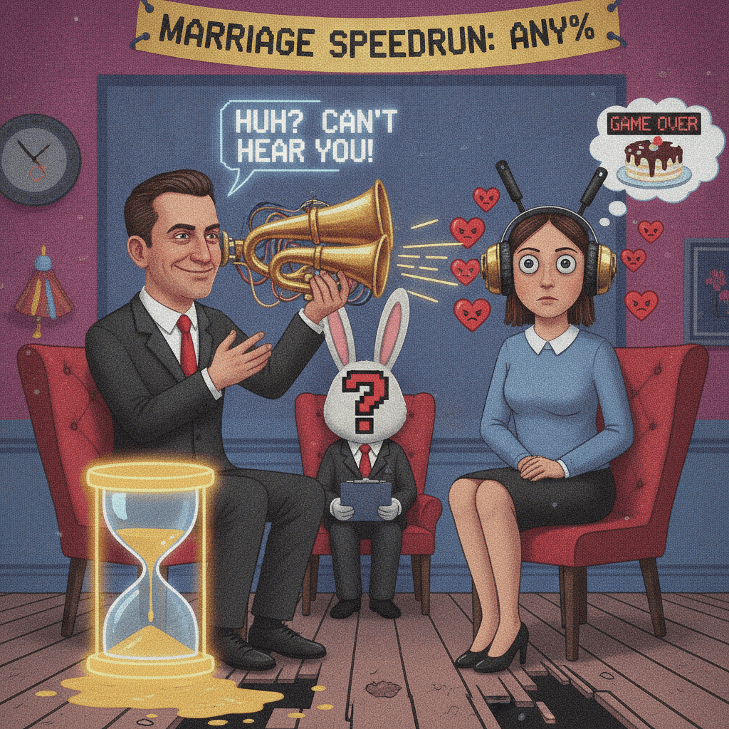 man weaponizes selective hearing in couples therapy, wife's patience visibly dissolving