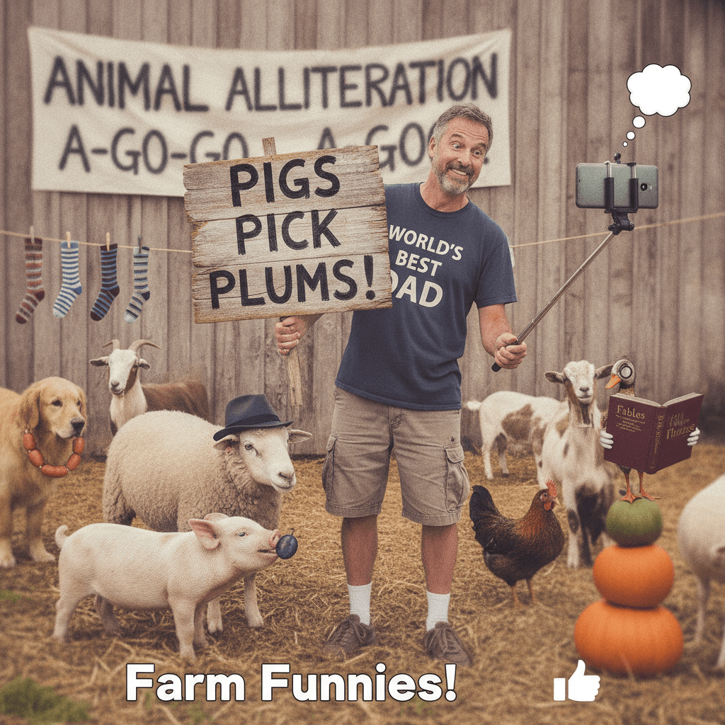 man discovers alliteration, posts photo evidence with farm animals