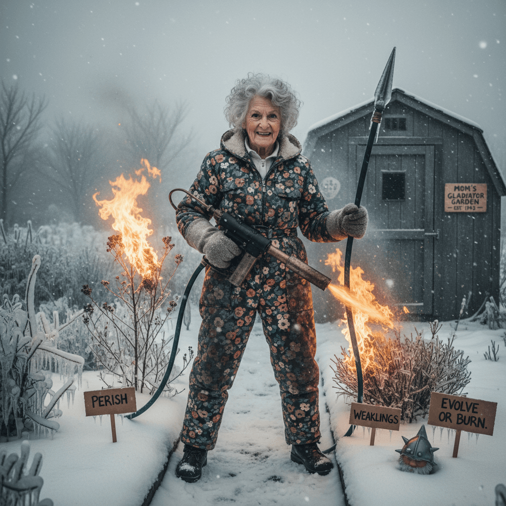 80yo mom applies survival of the fittest to her garden during ice storm