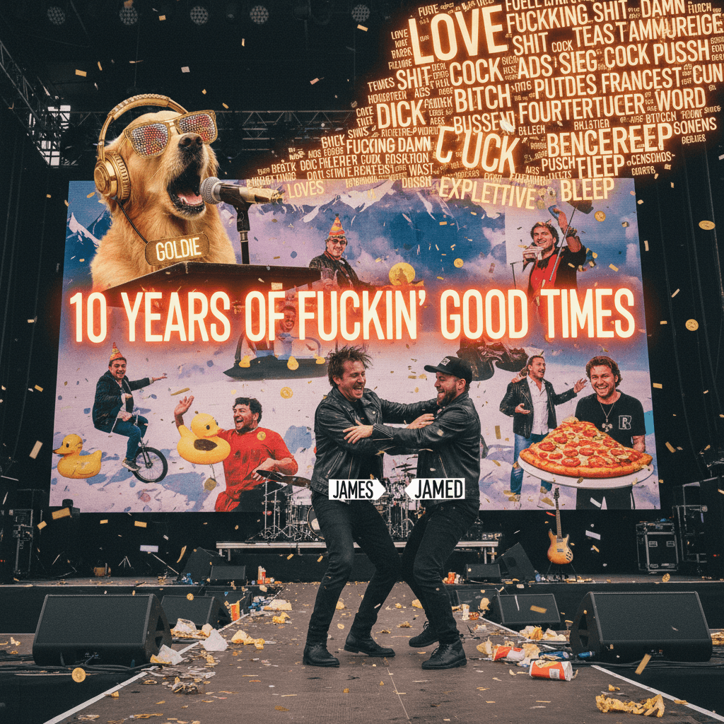 Goldie yells love at James for 10 years of adventures & profanity