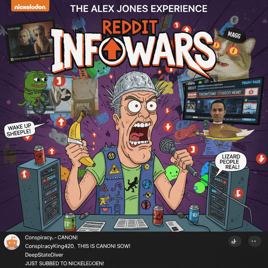 Alex Jones if he were a Nickelodeon show produced by Reddit