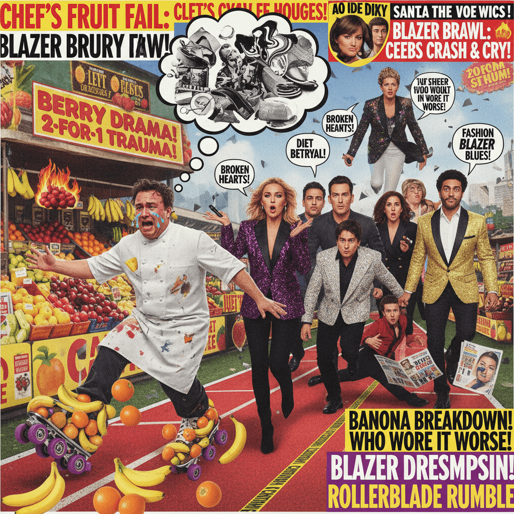 Chef spills trauma while racing celebs model blazers near fruit promo