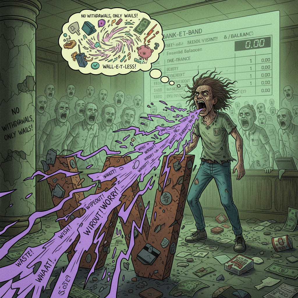 man shouts at his empty bank account, commits verbal assault on the letter W