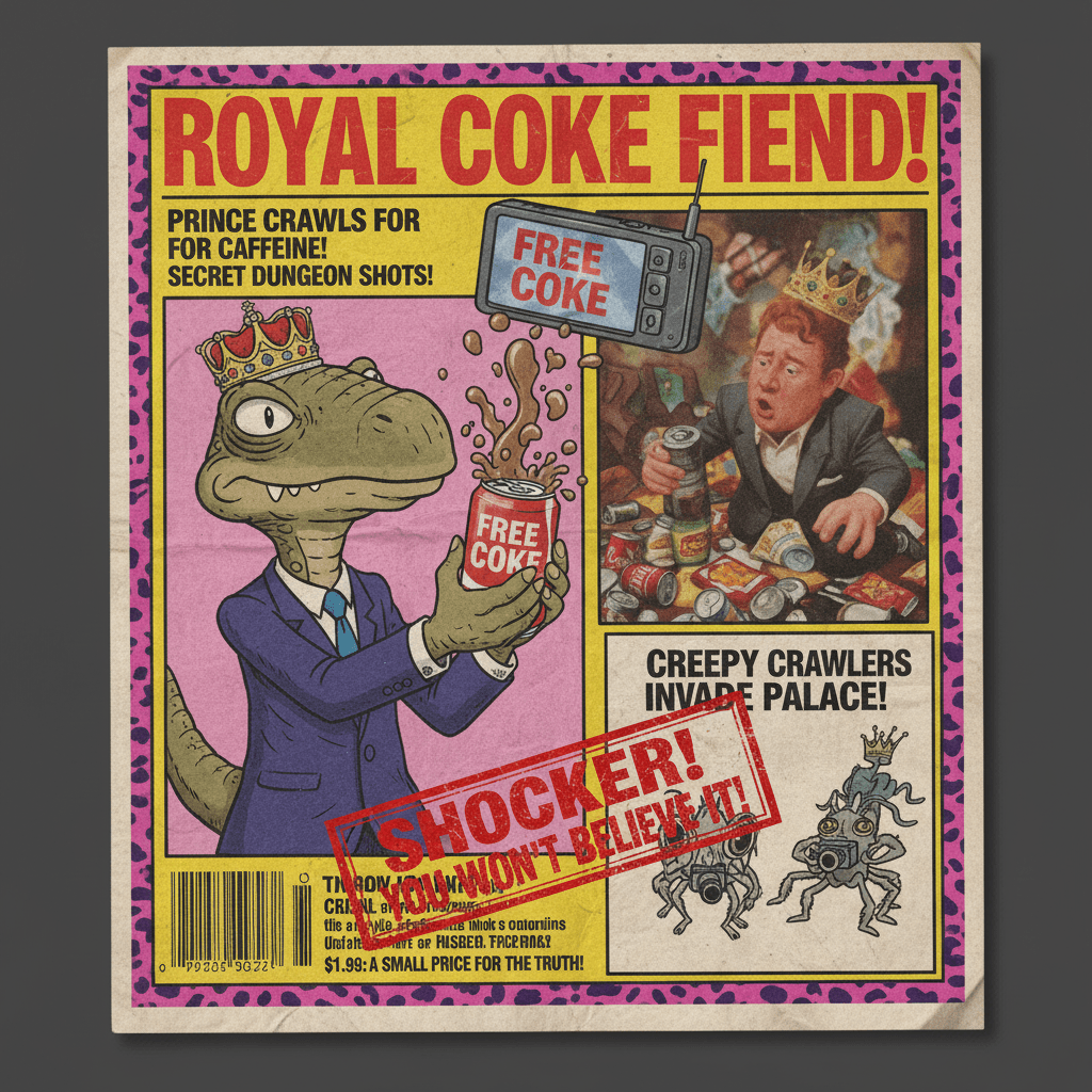 Peak tabloid chaos: Free Coke + royal scandal + creepy crawling pics