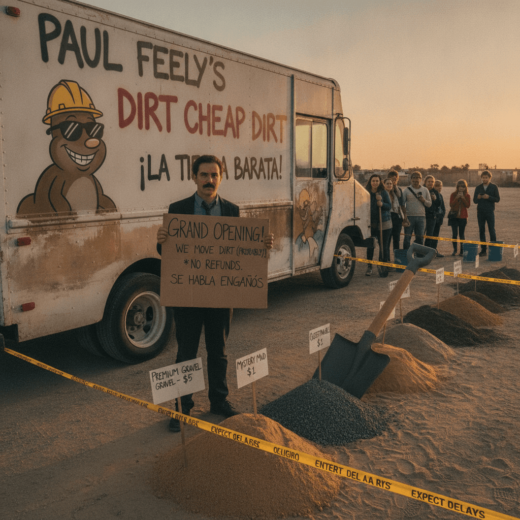 paul feely's dirt-moving empire launches with ironic disclaimer