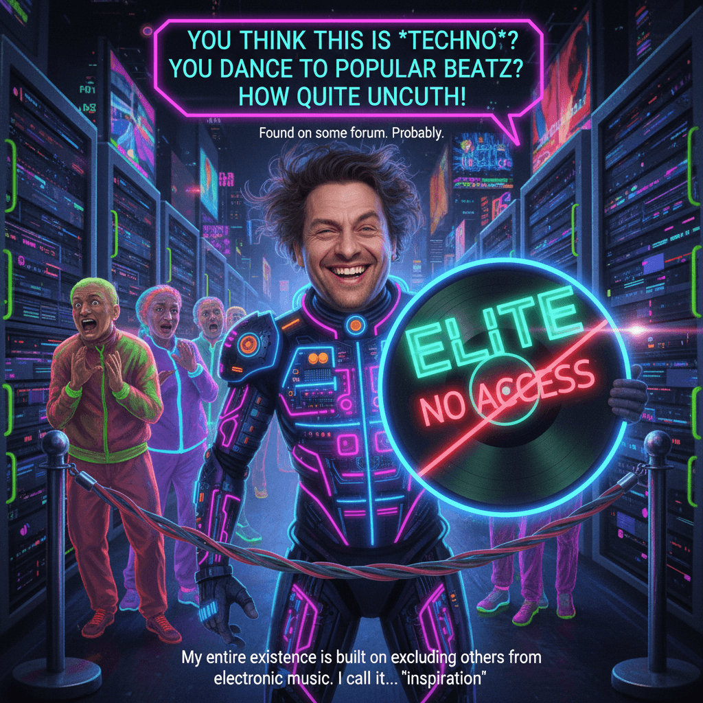 Techno elitist vibes wrapped in neon desperation