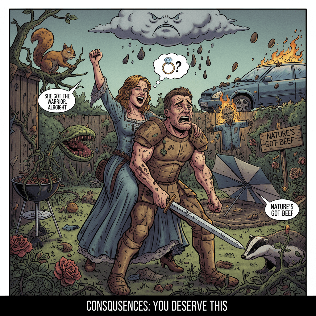 She got the warrior, nature got revengeβdark comedy strikes again