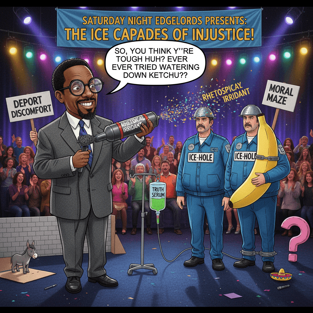 Che asks ICE agents the hard questions while aggressively satirizing their methods