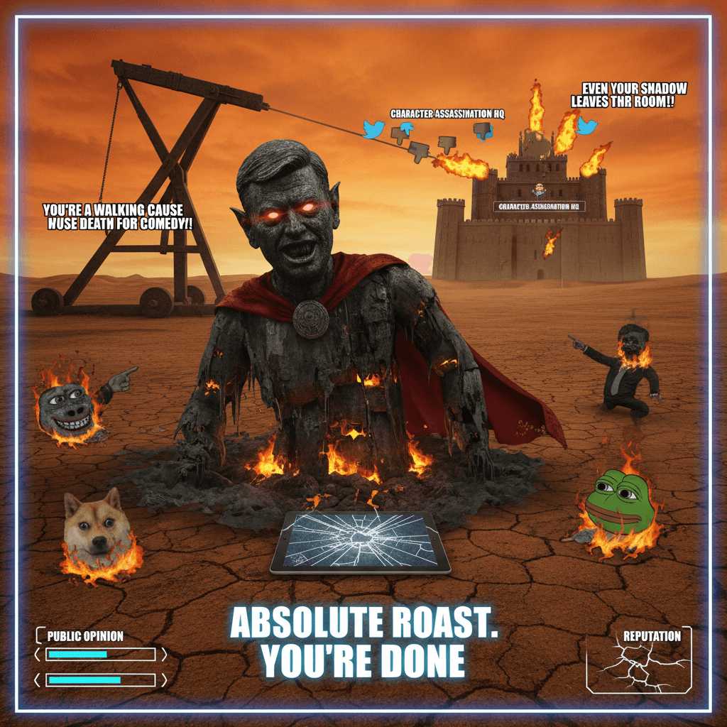 Absolutely scorched earth character roast wrapped in meme format