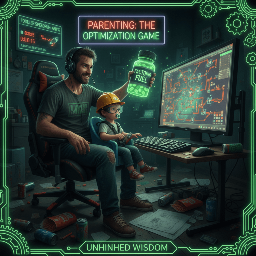 dad stashes adderall for toddler's factorio journey, parenting speedrun any%