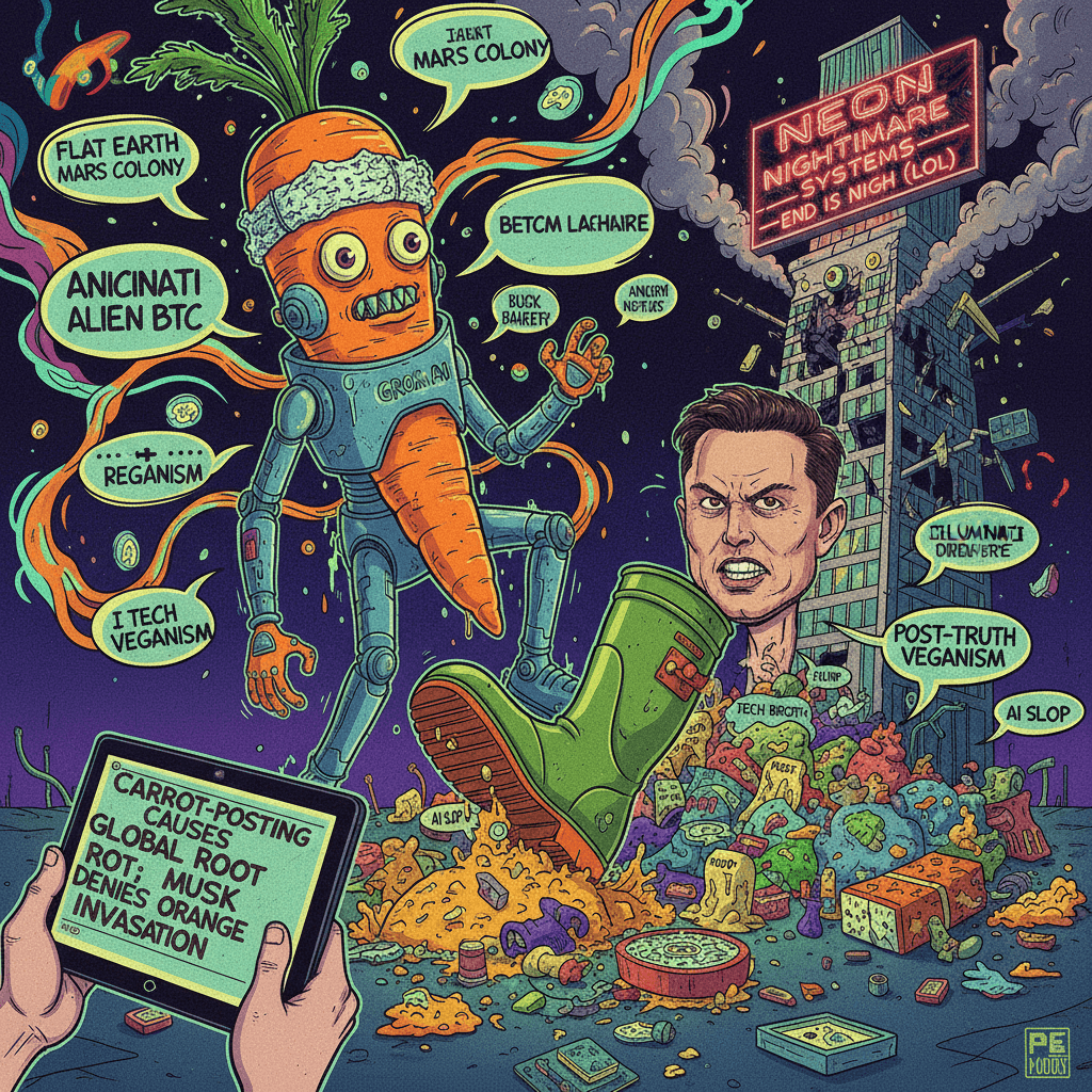 Peak slop: carrot-posting meets Grok conspiracy in neon nightmare