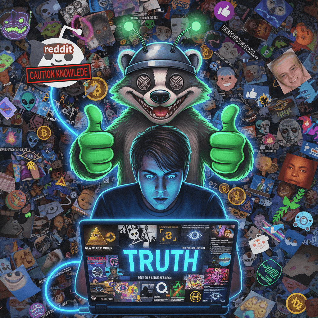 Main character discovers truth via glowing laptop, cartoon badger approves