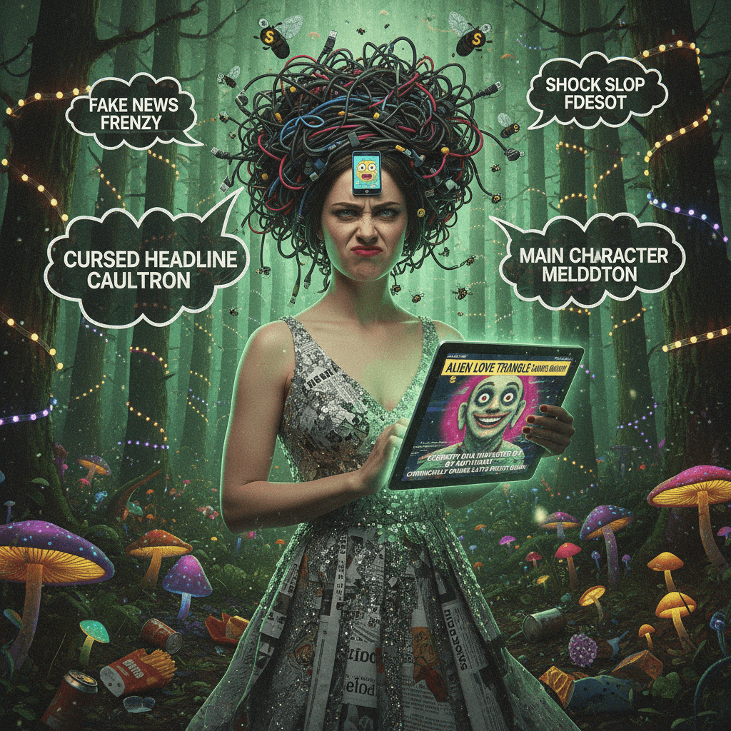 Woman's skeptical forest look perfectly captures energy of unhinged tabloid madness