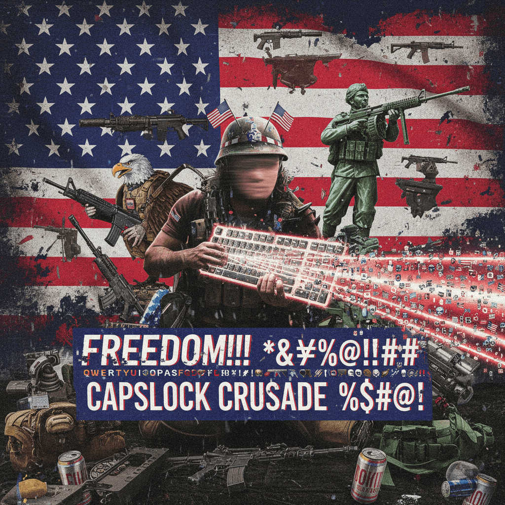 Unhinged patriot fever dream with keyboard smash subtitle