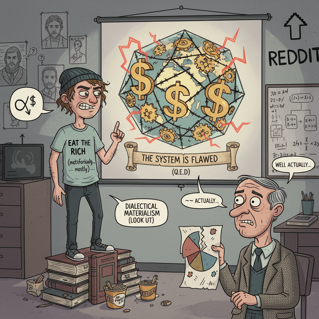 Capitalism bad, but also capitalism bad (geometric globe intensifies)