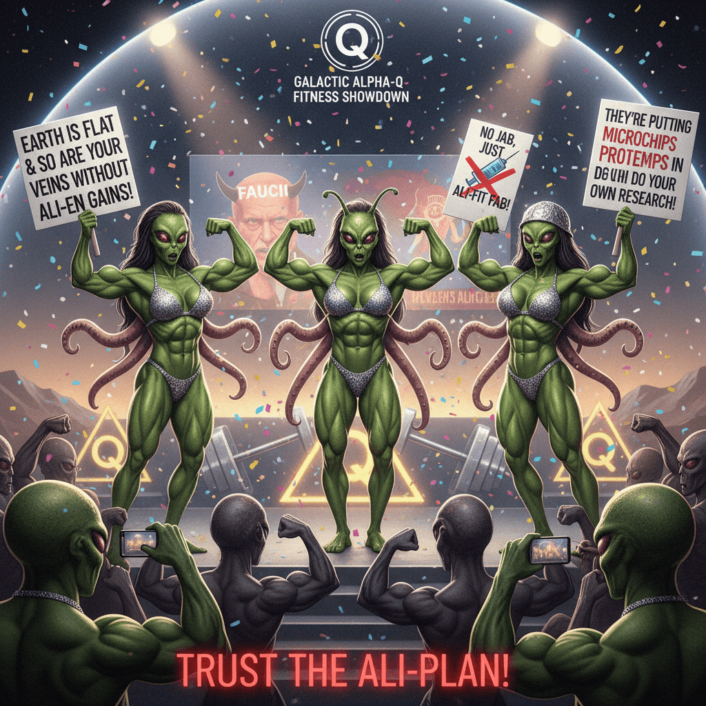 aliens competing in bikini competition while spreading anti-vax propaganda