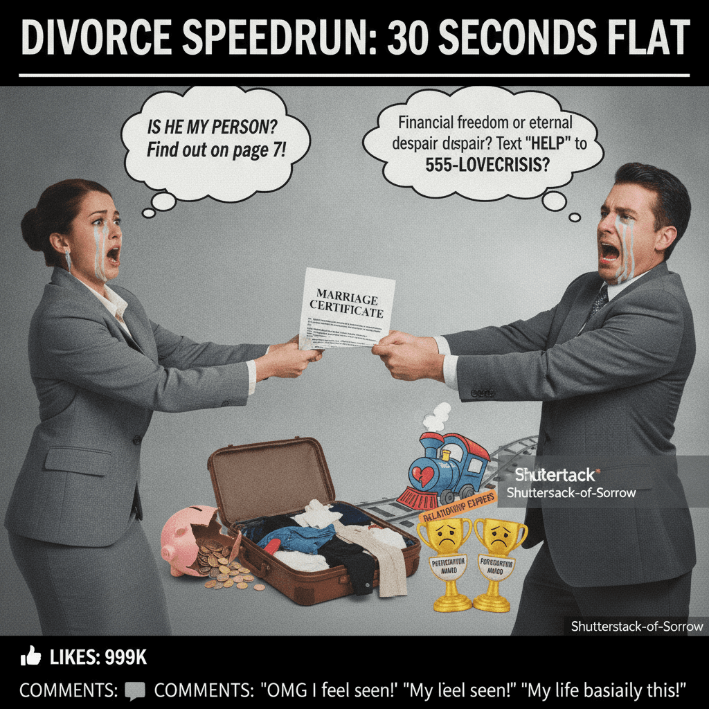 Sad stock photo meets divorce speedrun headline—peak engagement bait