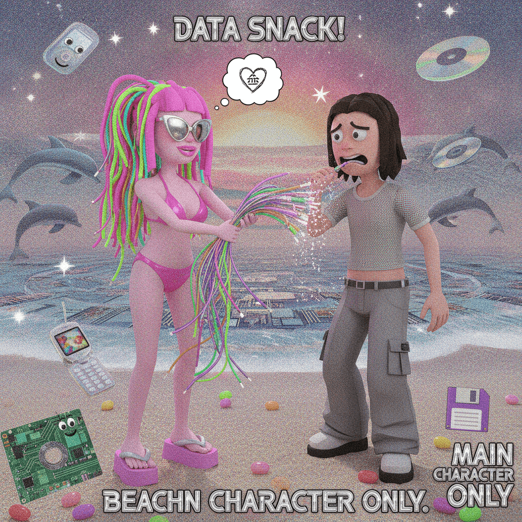 hot pink girl wants babe to chew fiber optic cables at beach