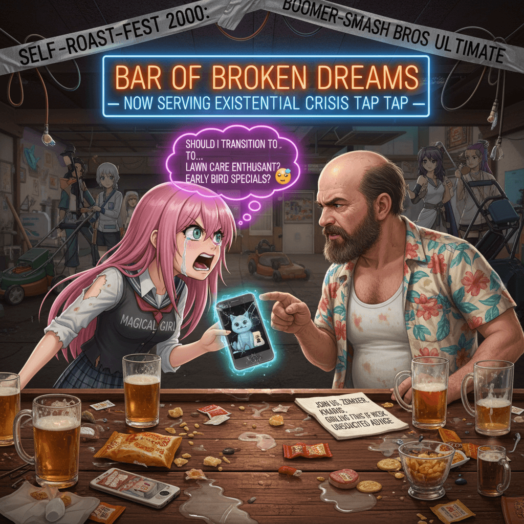 Maximum cope: anime girl debates becoming middle-aged man in bar
